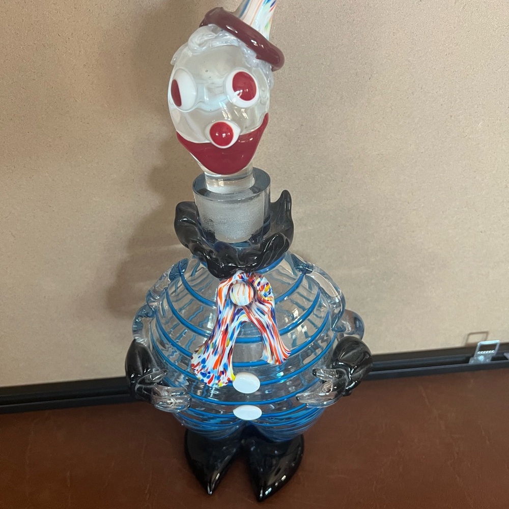 Whimsical Glass Clown decanter with Red and Blue Accents